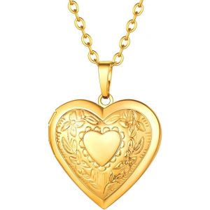 Kal-Collier Porte Photo Femme Pendentif Coeur Avec Motifs Personnalisable Chaîne Plaqué Or 50+5cm/2,5mm Bijoux Tendance Cadeau Anniversaire Noël Fête Des Mère - Neuf