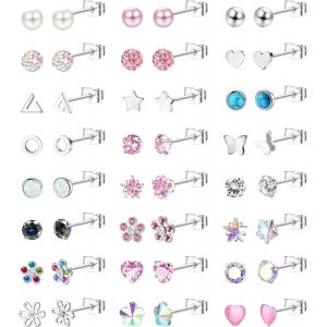 Kal-24 Pairs Boucles D'oreilles Femme Acier Inoxydable Hypoallerg&eacute;nique Papillon Perles &Eacute;toile Fleur Zircone Boucle D'oreille Fille Enfant Petites Boucles D'oreilles Femme Argent Ensemble - Neuf