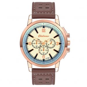 Montre-Bracelet Tendance En Cuir Pu Pour Homme Et Femme, Style Decontracte, A Trois Yeux, Couleur Or Rose Et Marron Fonce - Neuf