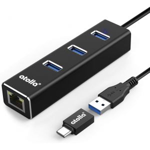 Hub USB 3.0 Ethernet,Répartiteur C pour Adaptateur en Aluminium avec 1 Port LAN RJ45,3 Ports de données USB et Un Adaptateur C USB pour Macbook,Mac Pro/Mini,iMac,etc.¿ - Neuf