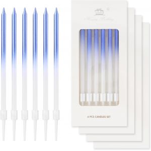 Eryi-Lot De 24 Bougies D'anniversaire Bleues Et Blanches Pour Gâteau - Longue Bougie De Fête - Dégradé - Bleu Foncé Brillant - Décorations De Gâteau Pour Filles, Garçons, Hommes, Femmes, Fête - Neuf