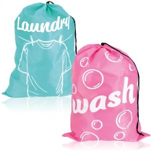 MDY-Com-four® 2X Sac à Linge pour Voyage - Pliable pour Linge Sale - Récupérateur avec Cordon de Serrage - 69 x 50 cm (02 Pièces - Vert Menthe/Rose) - Neuf