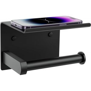 Porte Papier Toilette Mural avec Tablette + Crochets pour Serviettes et Peignoirs, Porte-Rouleaux de Papier Hygi&eacute;nique en Acier Inoxydable &agrave; Fixer au Mur par Adh&eacute;sif ou par Vis (Blanc) - Neuf