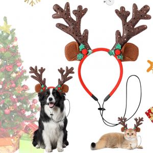 Jgd-Deguisement Chien Et Chat, Couvre-Chef De No&euml;l R&eacute;glable Avec Bois De Cerf Paillet&eacute;s, Adapt&eacute; Aux Petites Races, R&eacute;sistant &Agrave; L'usure, Nettoyage &Agrave; Sec, Hiver, Petit - Neuf