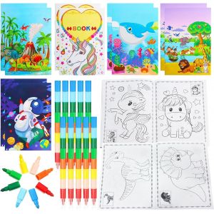Lot de 10 mini livres de coloriage pour enfants avec crayons de cire empilables Livres de peinture DIY pour enfants &agrave; partir de 3 &agrave; 6 ans Cadeau d'anniversaire - Neuf
