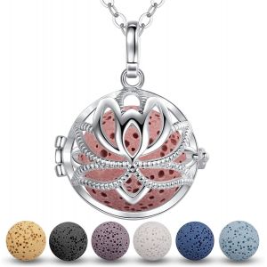 Ball Aromathérapie Huiles Collier Essentielles Pour Femmes Collier Pendentif Filles Bijoux Cadeau Avec 7 Pcs Pierre De Lave,Chaîne 61cm - Neuf