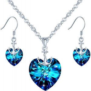 Cmjaagur-Collier Et Boucles D'oreilles En Cristal Pour Femme Fille, Bijoux Parures En Argent 925, Collier Coeur Cristal Bleu, Boucles D'oreilles Coeur Cristal Bleu, D&eacute;corer Mini Ancre, Zircon [M2710] - Neuf