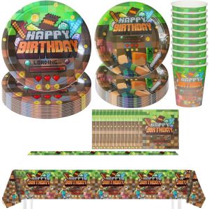Sjzg-Jeu Ensemble De Vaisselle De F&ecirc;te, 51pi&egrave;ces D&eacute;coration De F&ecirc;te D'anniversaire Pour Enfants, Couverts De Jeu Vid&eacute;o, Avec Assiettes, Gobelets Serviettes Carton Nappe - 10 Invit&eacute;s - Neuf