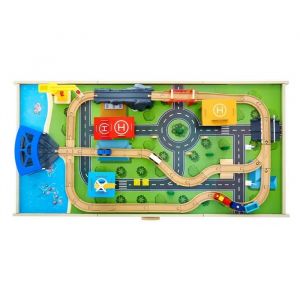 Table Circuit Train Bois-Duoku-62 PCS-avec Rail de Train-Grand Tiroir Rangement-Table d'Activit&eacute;s 3 en 1 Double Face-pour Jouer - Neuf