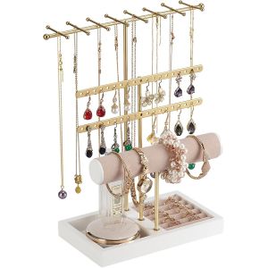 Présentoir À Bijoux,Presentoir Boucle D'oreille Avec Base En Bois,Avec 38 Trous,Porte Bijoux Femme Pour Colliers,Bracelets,Boucles D`Oreilles,Pinces,Bagues (Or) - Neuf