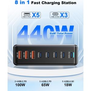 440w Chargeur Usb C Rapide - Chargeur Usb C Multiple Gan Iii Sécurisé 8 Ports,Bloc De Prise Usb Multiple Portable Pour Voyage Avec Pd 100w (Pc Portable)/Qc 18w,Compatible Macbook Pro/Air - Neuf