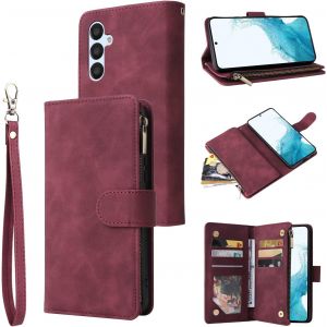 TZF-Samsung Galaxy A32 A34 A53 A54 5G Premium Vintage PU Leather Handbag Zipper Pocket Case Kickstand Card Slots with Wrist Strap - Neuf
