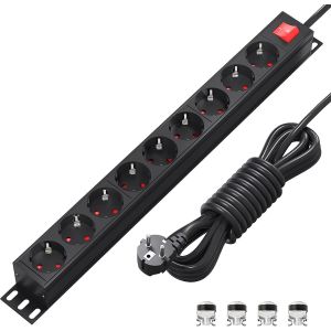 Multiprise Electrique avec 9 Prises, 3500W/ 16A Alu-Line Bloc Multiprise Murale avec Interrupteur pour Montage Rack 19"" avec Corps en Aluminium, 2M Cordon pour Maison, Bureau, Smartphone - Neuf