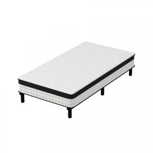 Ensemble 90x200cm matelas-ch&acirc;ssis, matelas &agrave; ressorts ensach&eacute;s et haute r&eacute;silience + cadre de lit en fer robuste, comprenant 6 pieds, &eacute;paisseur 18cm - Neuf