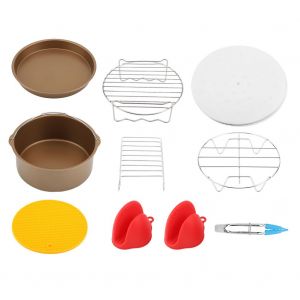Hjlian Kit D'accessoires Pour Friteuse A Air 8 Pouces, 9 Pieces, Outil De Cuisson, Panier A Gateaux, Support A Brochettes A Pizza (Dore) - Neuf