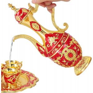 Th&eacute;i&egrave;re En M&eacute;tal Turque Vintage, Ensemble De Service &Agrave; Th&eacute; Avec 6 Tasses Et Plateau, D&eacute;coration R&eacute;tro Pour Salon Ou Mariage, Artisanat D'art En M&eacute;tal Rouge Pour Maison - Neuf