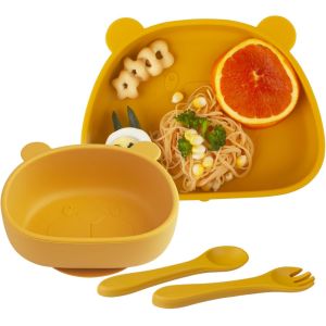 Kal-Set Vaisselle Pour B&eacute;b&eacute; Silicone Avec Ventouse, 4 Pi&egrave;ces, Set Repas Pour Enfants, Inclus Anti-D&eacute;rapant Assiette, Bol, Cuill&egrave;re + Fourche, Compatible Lave-Vaisselle, Micro-Onde, Sans Bpa - Neuf