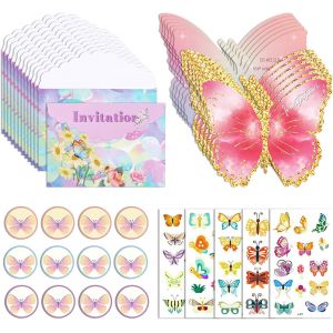 Trahoo-12 Cartes D'invitation Papillon En Français, Invitation Anniversaire Fille Avec Enveloppes Et Autocollants, 5 Tatouages De Papillons, Invitations De Fête D'anniversaire Soirée D`Enfants Filles - Neuf