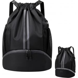 Sac à dos noir à cordon de serrage, grand sac de natation, sac de sport étanche avec compartiment à chaussures, sac de sport Oxford unisexe pour voyage, week-end, yoga, plage, 47 x 15 x 32 cm - Neuf