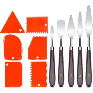 11 Pcs Ensemble de Couteaux à Peinture,5 Couteaux à Palette+6 Pcs Couteaux grattoirs Couteaux à Peindre Acier Inoxydable Palette Couteau Peinture à l'huile Accessoires de Mélange de Couleur - Neuf