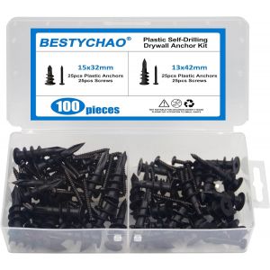 Lot de 100 chevilles et vis pour cloison s&egrave;che, 50 chevilles murales en plastique nylon et 50 vis, 2 tailles d'ancrages auto-perceuses pour mur de placopl&acirc;tre, noir - Neuf