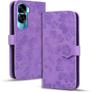 Kal-Coque Pour Honor 90 Lite 5g Premium Pu Cuir Housse Avec Fermeture Magnétique Stand Fonction Fleurs De Cerisier Embossées L'étui Pour Téléphone Honor 90 Lite 6,7 Pouce, Violet - Neuf
