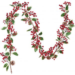 1 Morceaux de No&euml;l de Baies de Houx Garland, 190 cm de Guirlandes &agrave; No&euml;l Rouge Holly Berry D&eacute;co Guirlande de Houx Feuilles et les pommes de Pin pour l'Artisanat de No&euml;l D&eacute;coration - Neuf