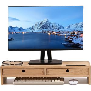 Support d'écran en bois avec 2 tiroirs Ordinateur de bureau Rangement Organisateur Haut-parleur TV Ordinateur portable Support d'imprimante Office Desktop Stand Couleur naturelle - Neuf