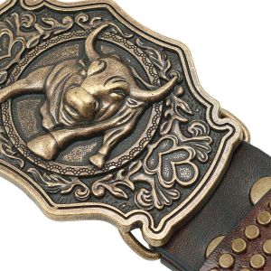 Tzf-Ceintures À Boucle En Cuir Occidental Cowboy Longhorn Bull Buckle Belt Ceintures De Cowboy En Relief Floral Pour Hommes (47,3 Pouces De Long) - Neuf