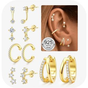 5 Paires Boucles D'oreilles Femme Argent 925 Plaquée Or 14k Créoles Argent Boucles D'oreilles Zircon Piercing Oreille Cartilage Boucles D'oreilles Femme Or Pour Piercings Multiples.[X867] - Neuf