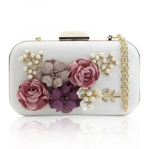 Femmes Pochettes Sacs à main Sacs Fleur Cuir Enveloppe Perle Portefeuille Soirée Sac à main (Blanc) - Neuf