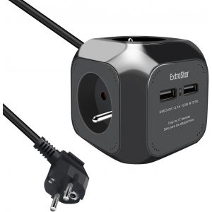 Multiprise USB Cube, Bloc Multiprises avec 4 Prises et 2 Ports USB, Chargeur USB Multiple, Multiprise Electrique pour Bureau, Maison, Peut &ecirc;tre install&eacute; au Mur, sur la Table, 1,5 m, Noir - Neuf