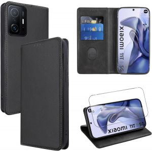 Kal-Coque Cuir Pour Xiaomi 11t/Xiaomi 11t Pro 5g 6.67"" Avec 1 Verre Trempé Etui À Rabat En Pu Porte-Cartes Portefeuille Support Flip Housse Magnétique Antichoc Anti-Rayures Pour Xiaomi 11t 5g,Noir - Neuf