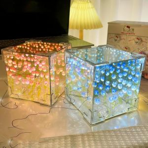 Veilleuse Tulipe,2 Pièces Lampe Tulipe,Led Tulipe Cube Miroir,Tulipes Veilleuse Avec Miroir,Cube De Tulipe,Diy Veilleuse,Pour Table,Chambre À Coucher,Décoration De La Maison[Vei9272249] - Neuf