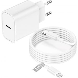 TRAHOO-Chargeur iPhone et Cable Lightning, 30W Chargeur USB C Rapide avec Cable USB C vers Lightning 2m [Certifi&eacute; MFi], Adaptateur Secteur USB c Charge Rapide pour iPhone 14 13 12 11 Pro Max XS X 8 7 - Neuf