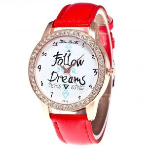 Zhoulianfa Strass D&eacute;coration Cadran Pu Cuir Cristal Grain Bracelet Casual Watch (Rouge) - Neuf