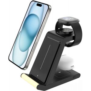 KALANKA-Support de Charge sans Fil pour Fitbit Versa 4/Versa 3/Sense 2/Sense et Pixel Watch 3/2,Station de Charge 3 en 1 pour iPhones,Galaxy,Galaxy Bud Pro,AirPods(Pas pour Pixel Watch 1)(Noir) - Neuf