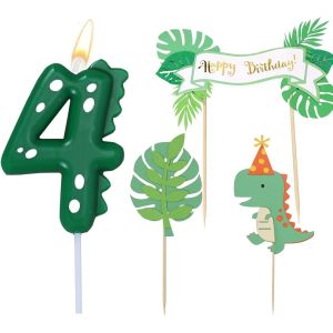MEVRONISSHOP-Bougie Num&eacute;ro, Dinosaure Deco 4 Ans, Bougie Dinosaure 4 Ans, avec D&eacute;corations de G&acirc;teau, pour la D&eacute;coration Anniversaire F&ecirc;te - Neuf