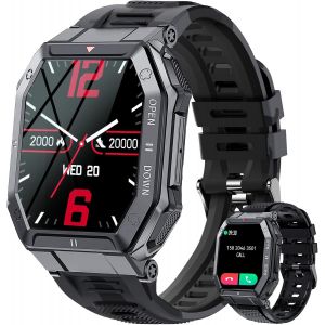 Montre Connectée Militaire Pour Homme Avec Lampe De Poche, Étanche Jusqu'à 3 Atm, Moniteur D'activité De 2,02 Pouces, Boussole, Batterie De 400 Mah, Moniteur De Fréquence Cardiaque (Noir Profond) - Neuf