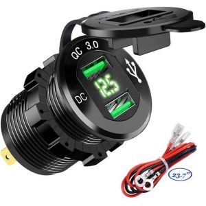 Chargeur de Voiture Rapide USB Deux QC3.0 USB Les Ports, 12V / 24V 36W &Eacute;tanche avec voltm&egrave;tre num&eacute;rique LED pour Moto, Caravane, Camion, Bateau et Plus (Vert) - Neuf