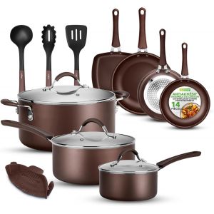 Subzonal-Nutrichef Batterie De Cuisine Antiadhésive, Poele Et Casserole Induction, Comprenant Casseroles, Poêles, Cocotte, Couvercles Et Ustensiles De Cuisine, Marron, 14 Pcs - Neuf