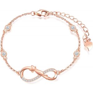 Eryi-Bracelet Pour Femme Fille, Bracelet En Argent 925, Bracelet Symbole De L'infini Avec Chat Mignon, Décorer De Diamant, C?ur Ou Étoile, Zircon Incrusté, Or Rose, Bracelet Élément Animal - Neuf