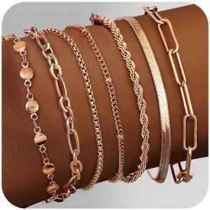 7 X Women's 14k Gold Plated Adjustable Chain Bracelets Stainless Steel Snake Chain Stackable Bracelets Fantasy Bracelets Women's Silver Gold Rose Gold - Neuf