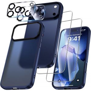 Kwey-Pour Iphone 17 Pro Coque - 5 En 1 Kit Case Protection Pour Iphone 17 Pro,1 Cover & 2 Verre Tremp&eacute; & 2 Cam&eacute;ra Arri&egrave;re Protecteur - Bleu - Neuf