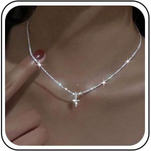 Jum-Sparkly Collier Croix En Cz Collier Pendentif Croix En Cristal Cha&icirc;ne Fine En Argent Collier Croix En Strass Collier Ras Du Cou Crucifix Religion Vintage Bijoux Pour Femmes Et Filles - Neuf