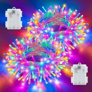 Jgd-Lot De 2 Guirlandes Lumineuses D'ext&eacute;rieur &Agrave; Piles - 10 M - 100 Led - Multicolore - Avec Minuterie - &Eacute;tanche - Pour Sapin De No&euml;l, Chambre &Agrave; Coucher, Jardin - D&eacute;coration Int&eacute;rieure - Neuf
