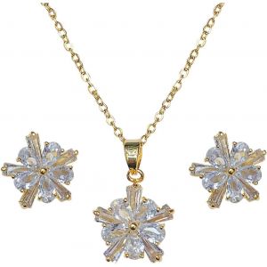 Parure Ensemble De Bijoux Pour Femmes,Collier Et Boucles D'oreilles Avec Pendentifs En Forme De Fleurs Avec Zircon Cubique,Colliers Longueur Ajustable,Cadeaux Pour Filles,Or/Argent - Neuf
