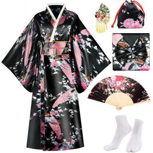 Robe Kimono Japonaise Geisha Yukata Robe De Bain En Satin Fleur De Paon Avec Accessoires Pour Femmes - Neuf