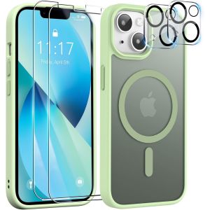 5 in 1 Magn&iquest;&iquest;tique Coque pour iPhone 13 avec 2 Verres Tremp&iquest;&iquest;s et 2 Cam&iquest;&iquest;ra Protecteur, Compatible MagSafe Anti-jaunissement Dos Anti Rayures Coque Antichoc TPU Bumper Case (Vert Clair) - Neuf