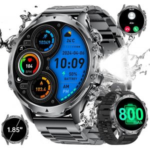 Montre Connectée Homme Militaire,1,85'' Hd Grand Écran/800mah Batterie/Led Lampe,Smartwatch Homme Avec Appel Bluetooth,100+ Modes Sportifs,24/7 Fréquence Cardiaque Et Sommeil,5atm Étanche Android Ios - Neuf